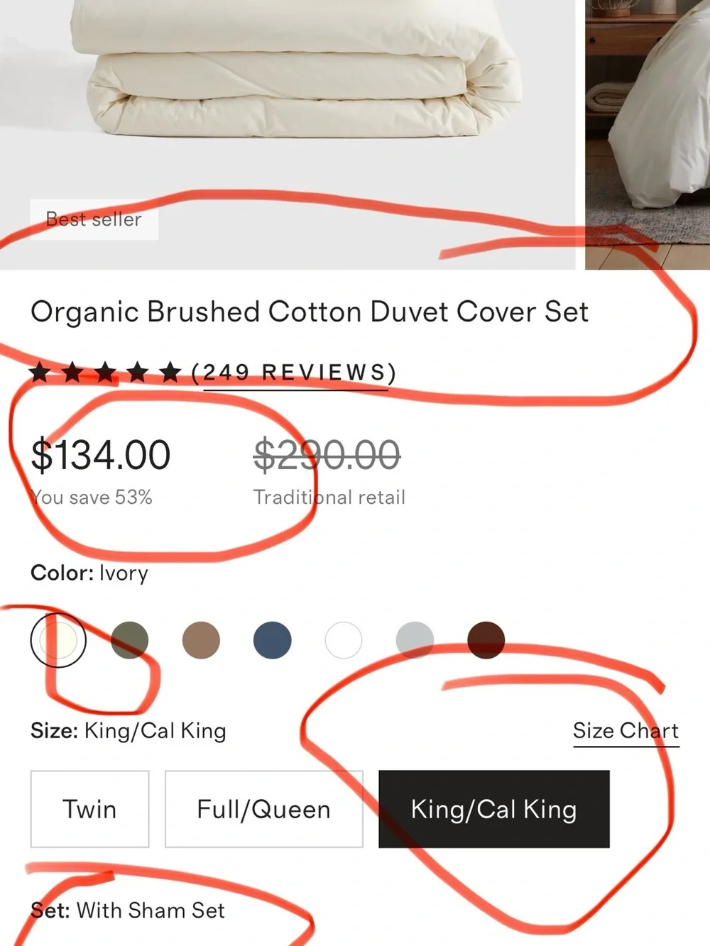 BRAND NEW QUInce king Ivory Organic Brushed Cotton Duvet Cover Set $134 w/ Shams